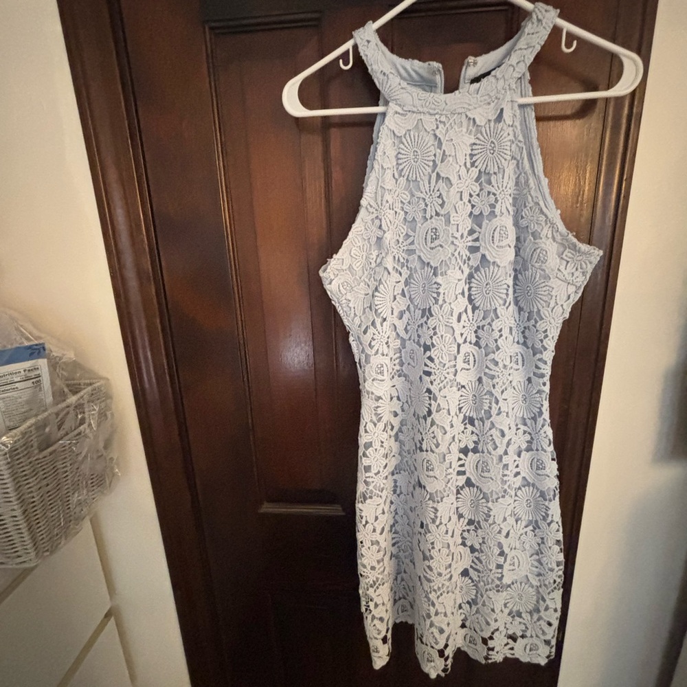 Elegant Pale Blue Lace Halter Dress